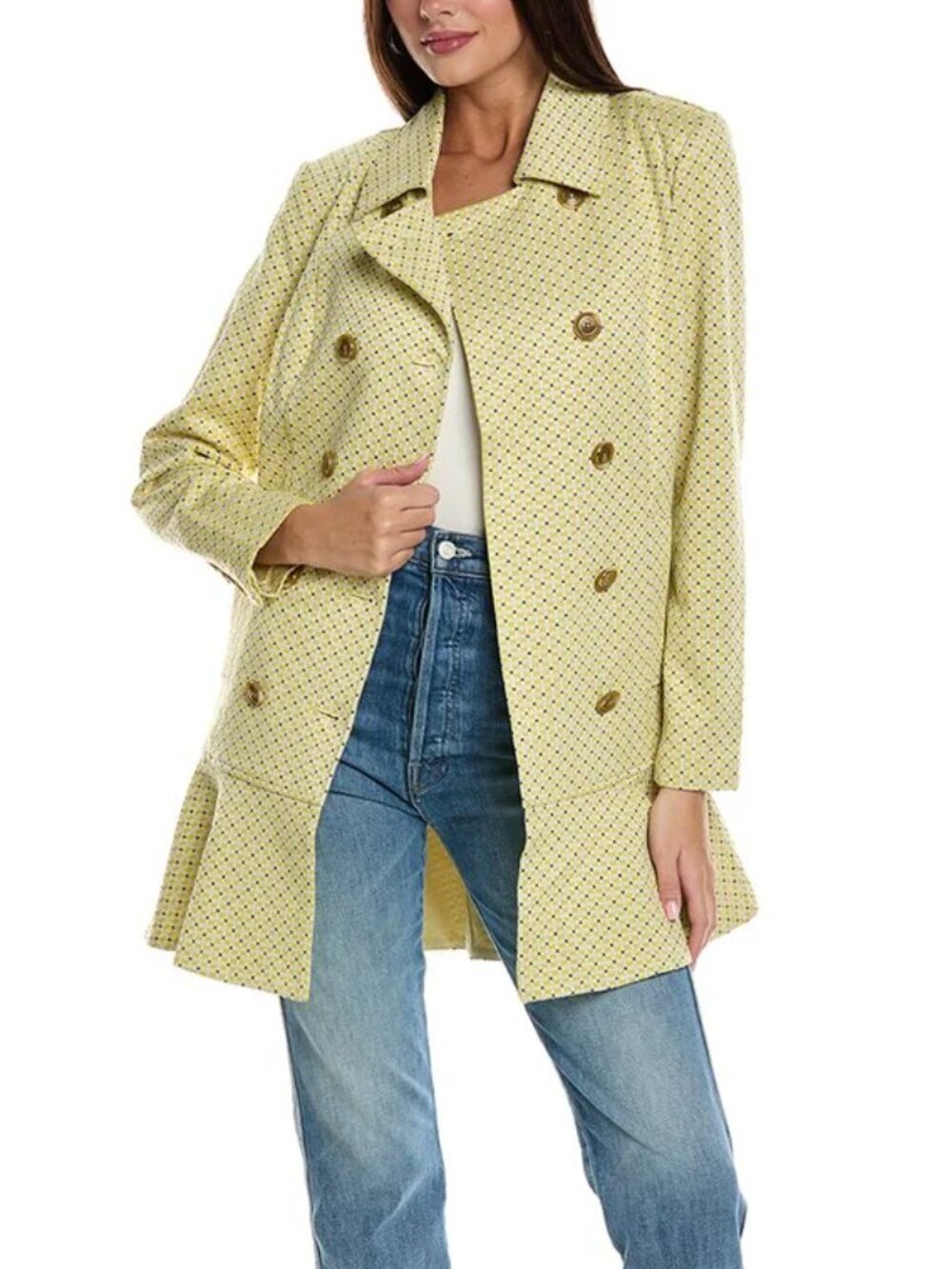 Cabi Hobnob double breasted jacket coat knit yellow topper ruffle duster new S